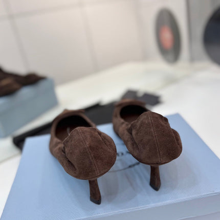 PRADA 26S PUMPS 55MM IN DARK BROWN SUEDE WITH LOGO