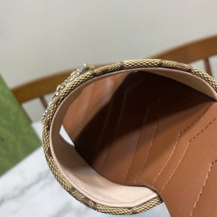 GUCCI 26S HEELED SLIDES 75 MM IN SAND BROWN CANVAS AND LAMBSKIN