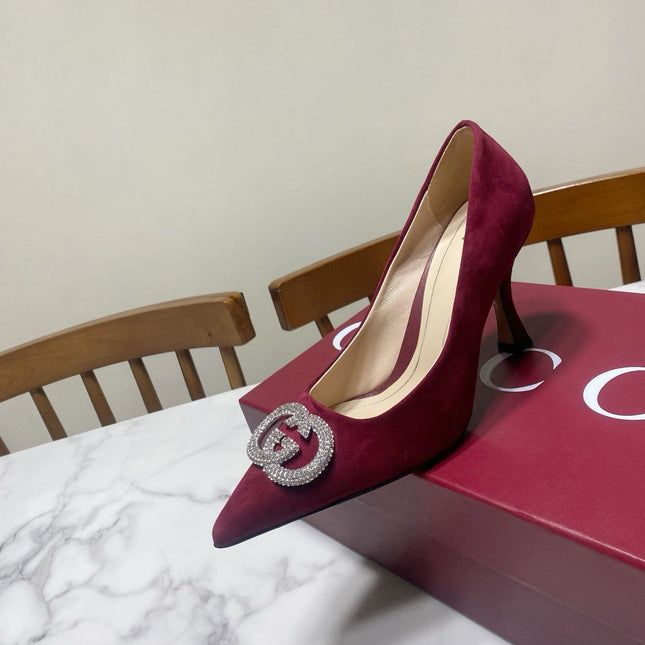 GUCCI 26S HIGH-HEELED SHOES 85 MM IN DARK RED SUEDE WITH CRYSTAL