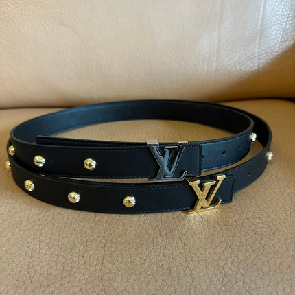 LV Initiales Studs 30mm Reversible Belt Gold Buckle Black Leather