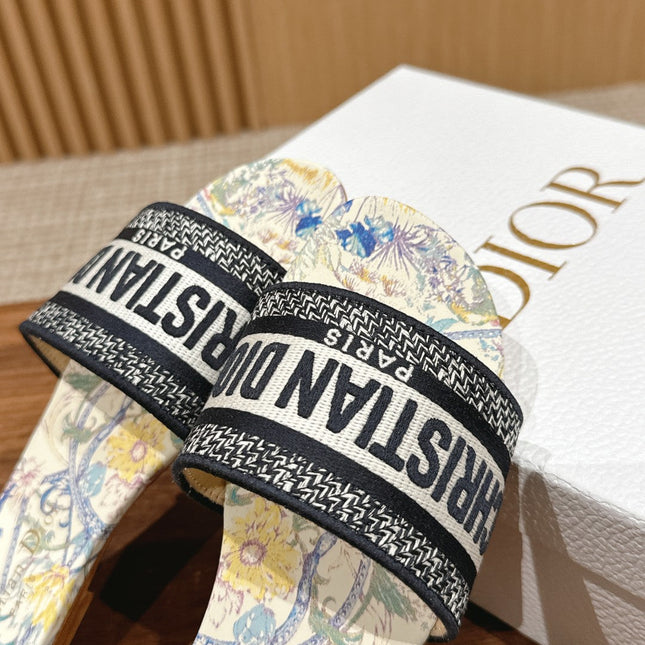 DIOR 26S SLIDE SANDALS IN MULTICOLOR FLORAL MAP PRINT LOGO STRAP