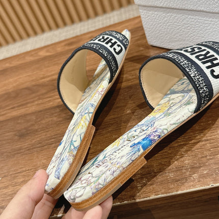 DIOR 26S SLIDE SANDALS IN MULTICOLOR FLORAL MAP PRINT LOGO STRAP