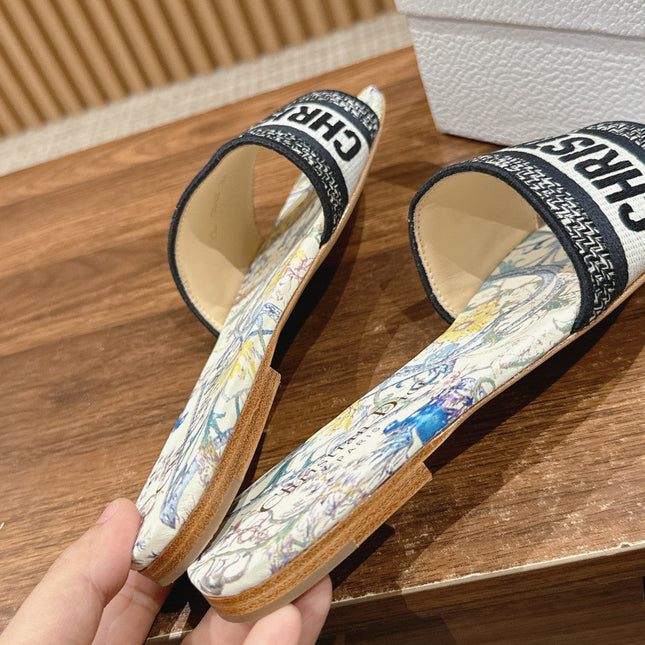 DIOR 26S SLIDE SANDALS IN MULTICOLOR FLORAL MAP PRINT LOGO STRAP