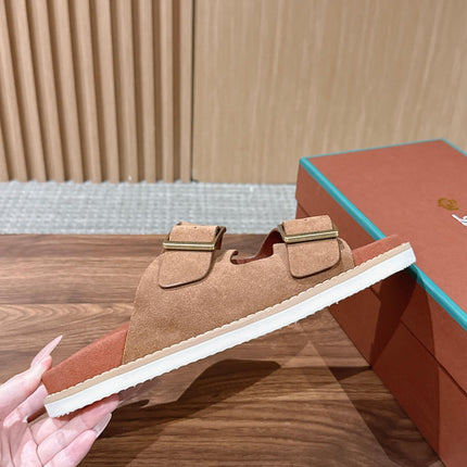 LP 26S DOUBLE BUCKLE SLIDES IN BROWN SUEDE GOLD HARDWARE