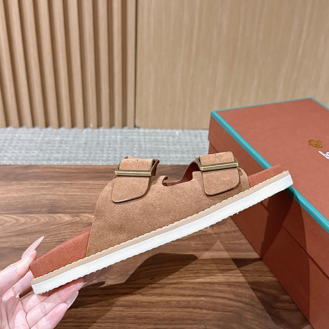 LP 26S DOUBLE BUCKLE SLIDES IN BROWN SUEDE GOLD HARDWARE