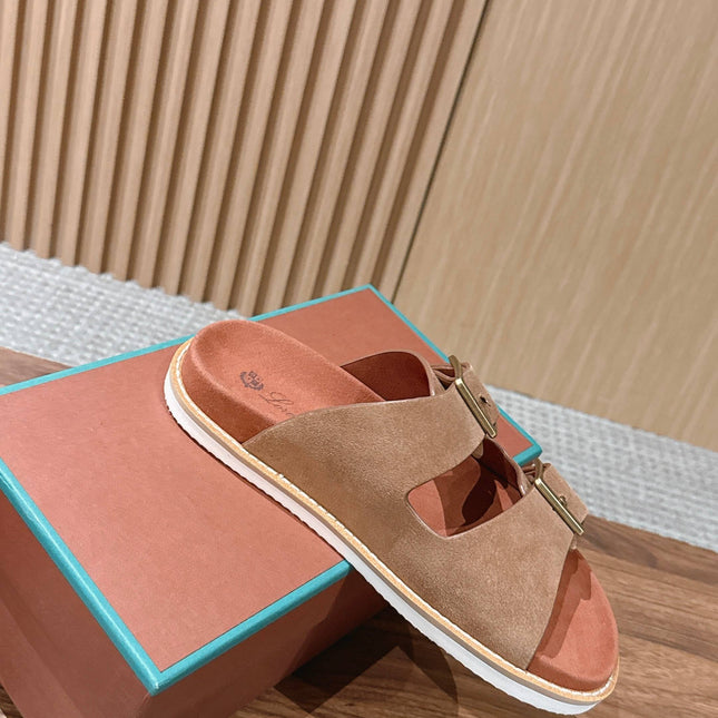 LP 26S DOUBLE BUCKLE SLIDES IN BROWN SUEDE GOLD HARDWARE