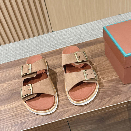 LP 26S DOUBLE BUCKLE SLIDES IN BROWN SUEDE GOLD HARDWARE