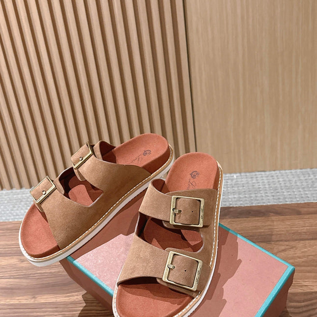 LP 26S DOUBLE BUCKLE SLIDES IN BROWN SUEDE GOLD HARDWARE