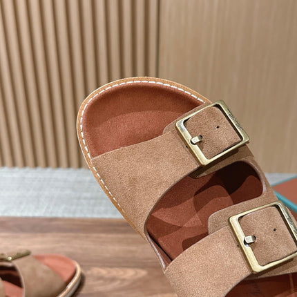 LP 26S DOUBLE BUCKLE SLIDES IN BROWN SUEDE GOLD HARDWARE