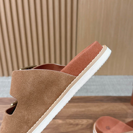 LP 26S DOUBLE BUCKLE SLIDES IN BROWN SUEDE GOLD HARDWARE