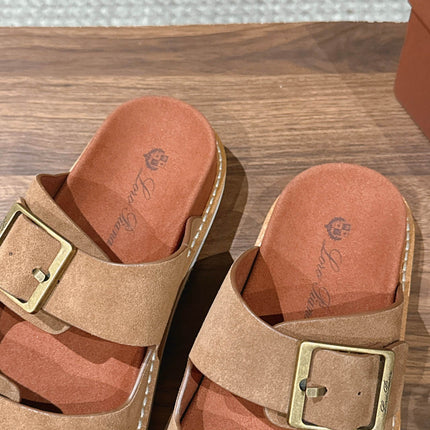 LP 26S DOUBLE BUCKLE SLIDES IN BROWN SUEDE GOLD HARDWARE