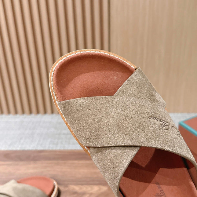 LP 26S CROSS STRAP SLIDES SANDAL IN OLIVE BROWN SUEDE