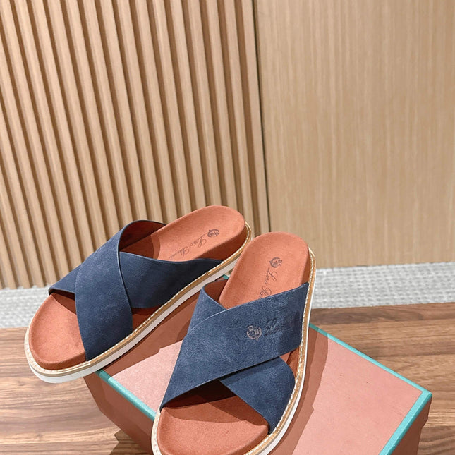 LP 26S CROSS STRAP SLIDES SANDAL IN NAVY BLUE SUEDE
