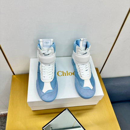CHLOE 26S HIGH-TOP SKATE SNEAKERS IN WHITE CALFSKIN AND BLUE SUEDE