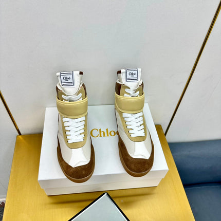 CHLOE 26S HIGH-TOP SKATE SNEAKERS IN BEIGE CALFSKIN AND BROWN SUEDE