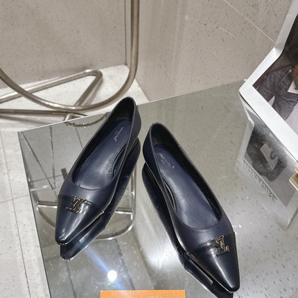 LV 26S POINTED TOE BALLET FLATS IN NAVY BLUE CALFSKIN
