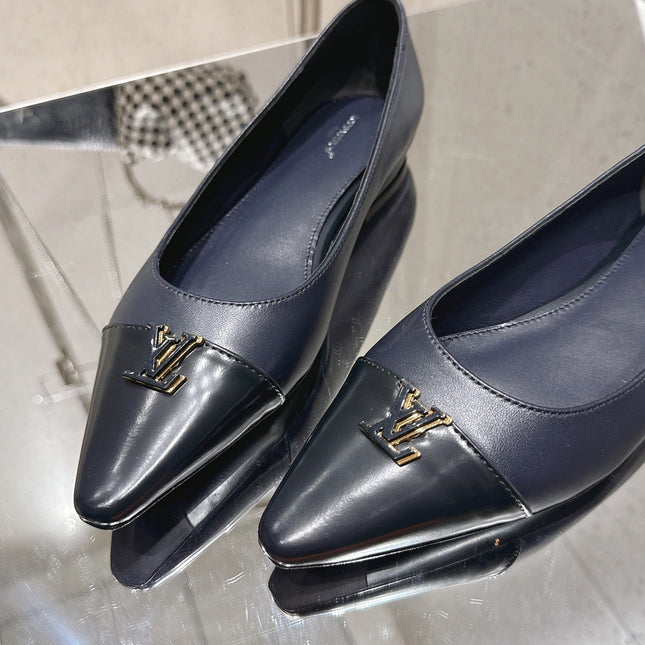 LV 26S POINTED TOE BALLET FLATS IN NAVY BLUE CALFSKIN