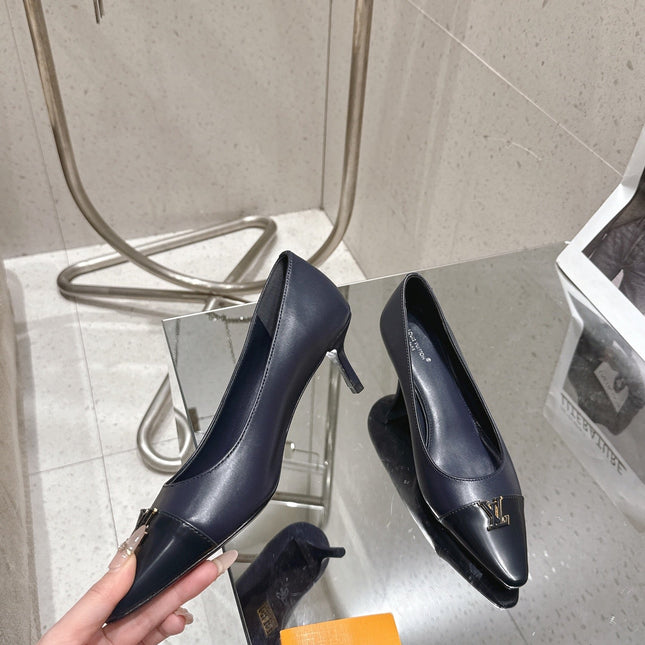 LV 26S POINTED TOE HIGH HEELS 55 MM IN BLACK BLUE CALFSKIN