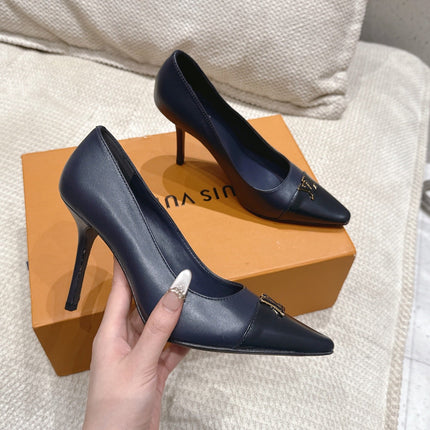 LV 26S POINTED TOE HIGH HEELS 95 MM IN BLACK BLUE CALFSKIN