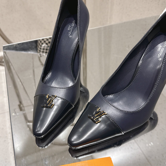 LV 26S POINTED TOE HIGH HEELS 95 MM IN BLACK BLUE CALFSKIN
