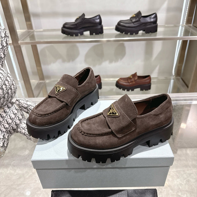 PRADA 25S THICK-SOLE LOAFERS 60 MM IN DARK BROWN SUEDE