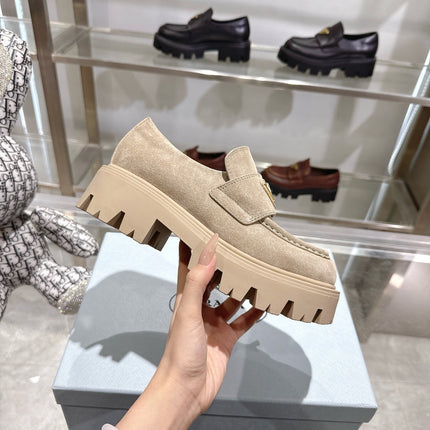 PRADA 25S THICK-SOLE LOAFERS 60 MM IN BEIGE SUEDE