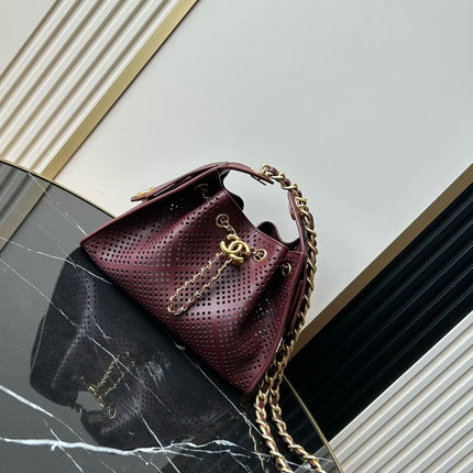 CHANEL 26S HOBO BAG 22 IN BURGUNDY RED PERFORATED CALFSKIN GOLD HARDWARE