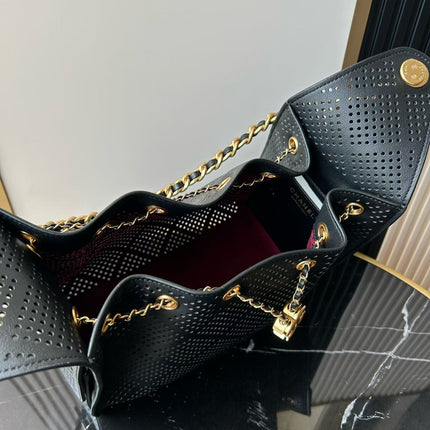 CHANEL 26S HOBO BAG MEDIUM 30 IN BLACK PERFORATED CALFSKIN GOLD HARDWARE