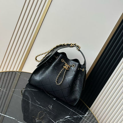 CHANEL 26S HOBO BAG MEDIUM 30 IN BLACK PERFORATED CALFSKIN GOLD HARDWARE