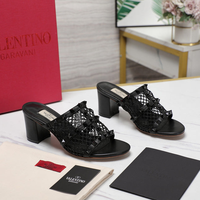 WOMEN'S BLACK ROCKSTUD BLACK MESH SLIDER SANDAL WITH MATCHING STUDS 65 MM