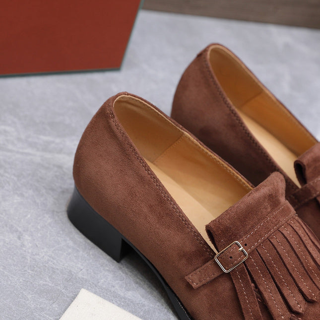 LP 26S SERGIO TASSEL LOAFERS IN CHOCOLATE BROWN SUEDE GOLD HARDWARE