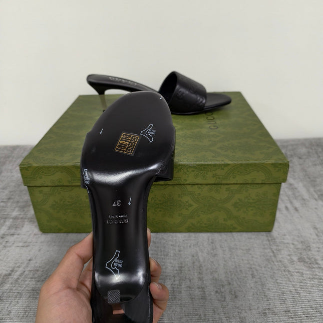 GUCCI 26S MULE SANDALS 55MM IN BLACK CALFSKIN GG EMBOSSED