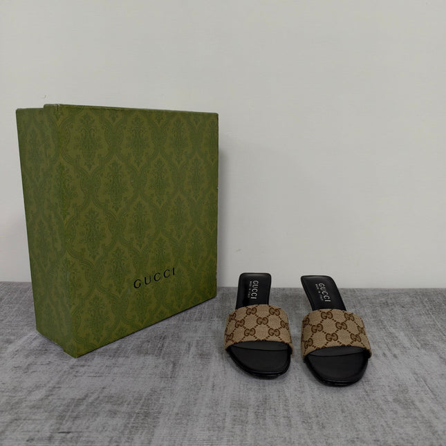 GUCCI 26S MULE SANDALS 55MM IN BEIGE BROWN GG CANVAS