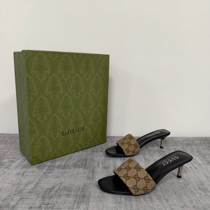 GUCCI 26S MULE SANDALS 55MM IN BEIGE BROWN GG CANVAS