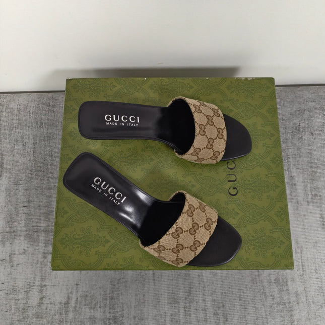 GUCCI 26S MULE SANDALS 55MM IN BEIGE BROWN GG CANVAS