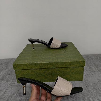 GUCCI 26S MULE SANDALS 55MM IN IVORY WHITE CALFSKIN GG EMBOSSED
