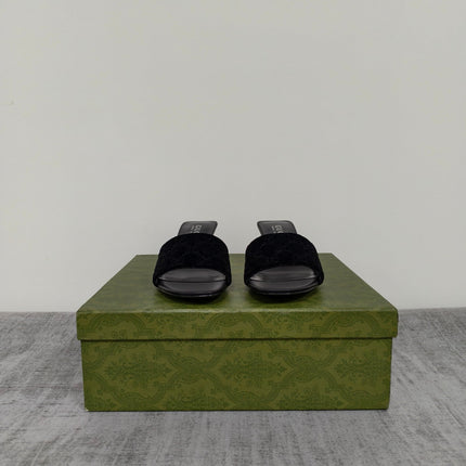 GUCCI 26S MULE SANDALS 55MM IN BLACK VELVET GG EMBOSSED