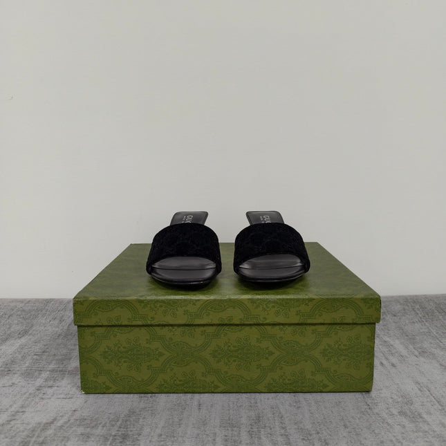 GUCCI 26S MULE SANDALS 55MM IN BLACK VELVET GG EMBOSSED
