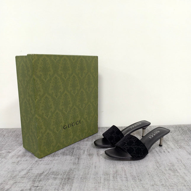 GUCCI 26S MULE SANDALS 55MM IN BLACK VELVET GG EMBOSSED