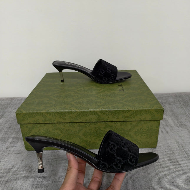 GUCCI 26S MULE SANDALS 55MM IN BLACK VELVET GG EMBOSSED