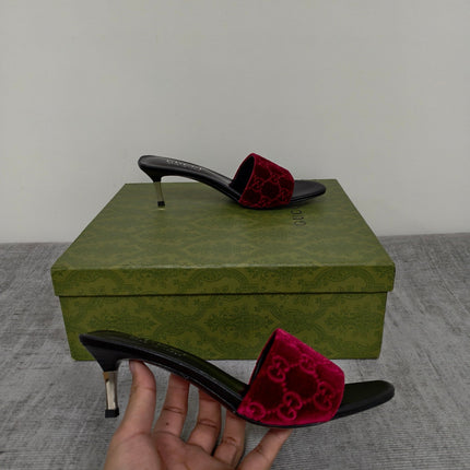 GUCCI 26S MULE SANDALS 55MM IN DARK RED VELVET GG EMBOSSED