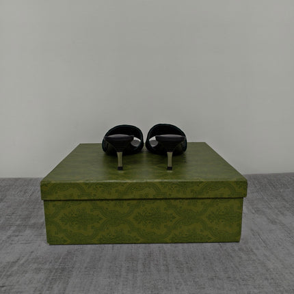 GUCCI 26S MULE SANDALS 55MM IN DARK GREEN VELVET GG EMBOSSED