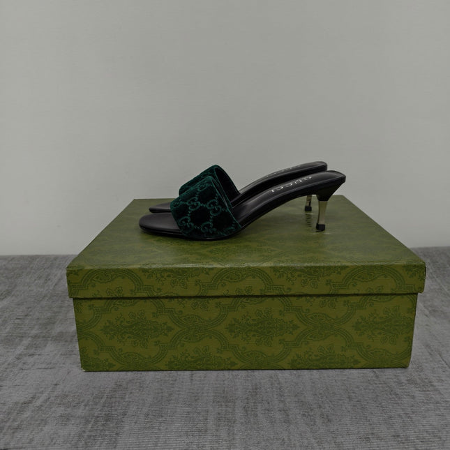 GUCCI 26S MULE SANDALS 55MM IN DARK GREEN VELVET GG EMBOSSED