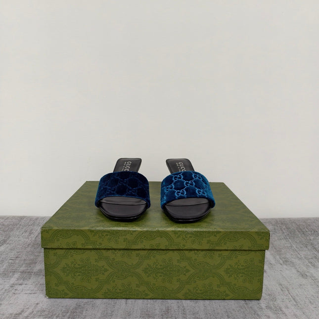 GUCCI 26S MULE SANDALS 55MM IN ROYAL BLUE VELVET GG EMBOSSED