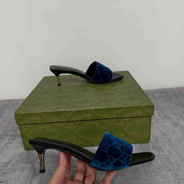 GUCCI 26S MULE SANDALS 55MM IN ROYAL BLUE VELVET GG EMBOSSED
