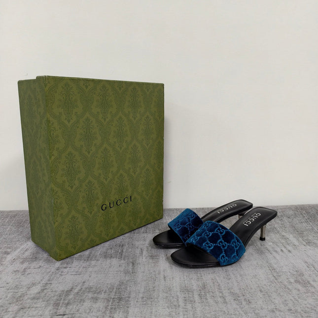 GUCCI 26S MULE SANDALS 55MM IN ROYAL BLUE VELVET GG EMBOSSED