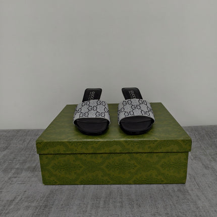 GUCCI 26S MULE SANDALS 55MM IN SILVER SATIN CRYSTAL GG