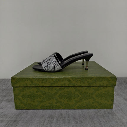 GUCCI 26S MULE SANDALS 55MM IN SILVER SATIN CRYSTAL GG