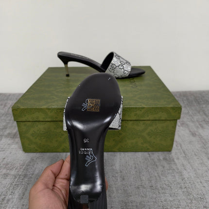 GUCCI 26S MULE SANDALS 55MM IN SILVER SATIN CRYSTAL GG