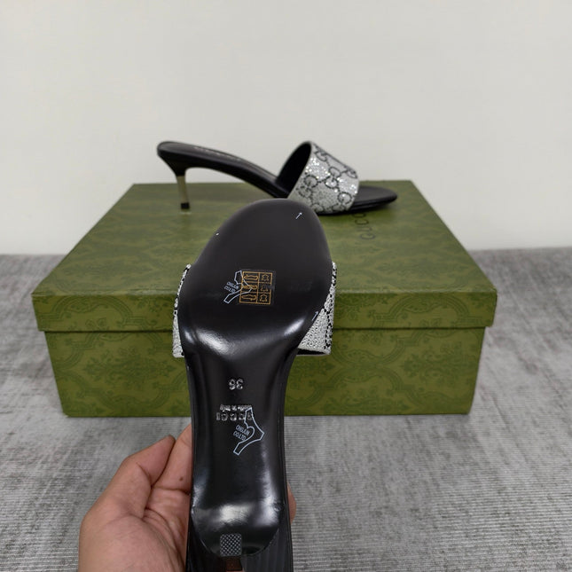 GUCCI 26S MULE SANDALS 55MM IN SILVER SATIN CRYSTAL GG